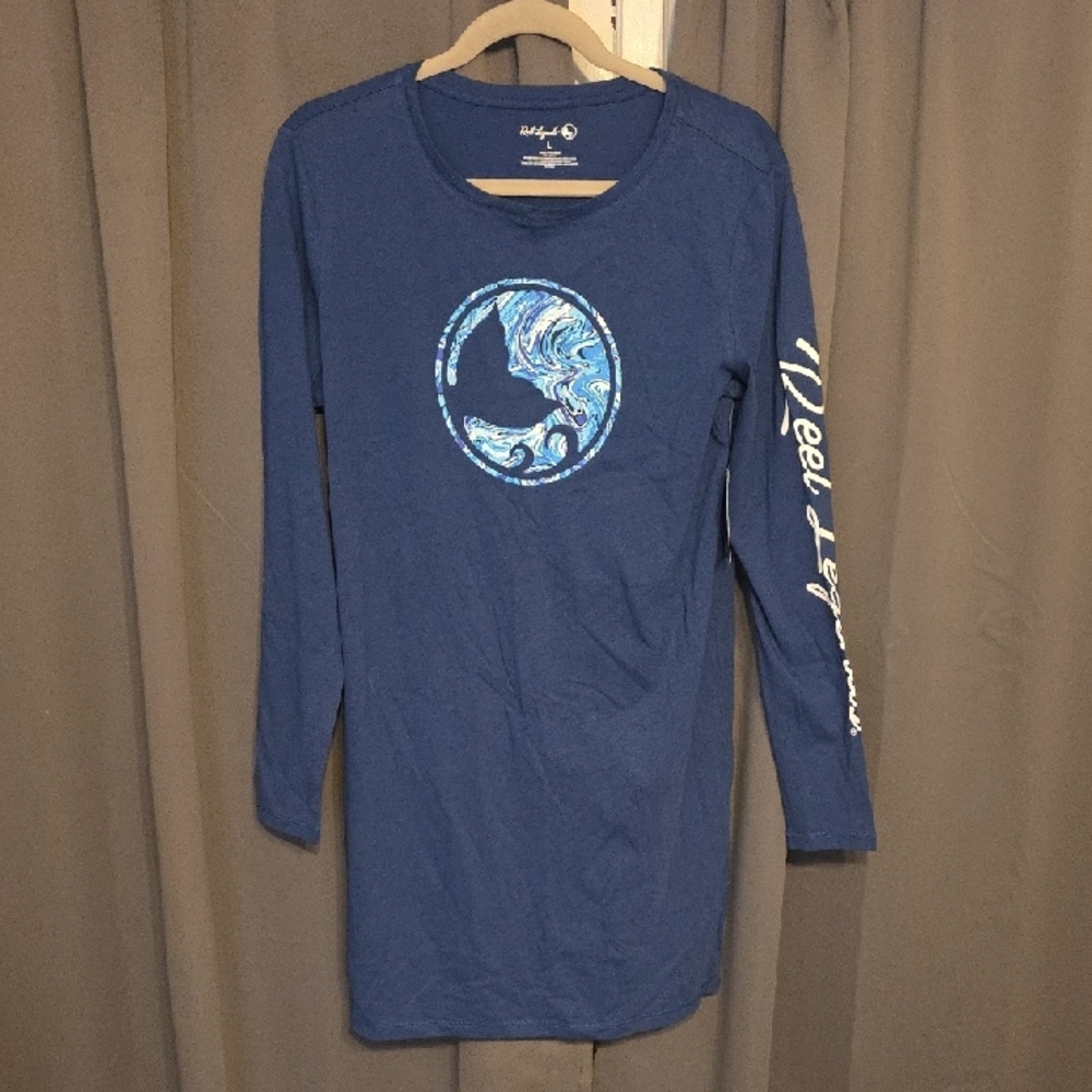 NWT Reel Legends Women's T-Shirt Blue Long Sleeve W/Spellout Fish Tail Sz L